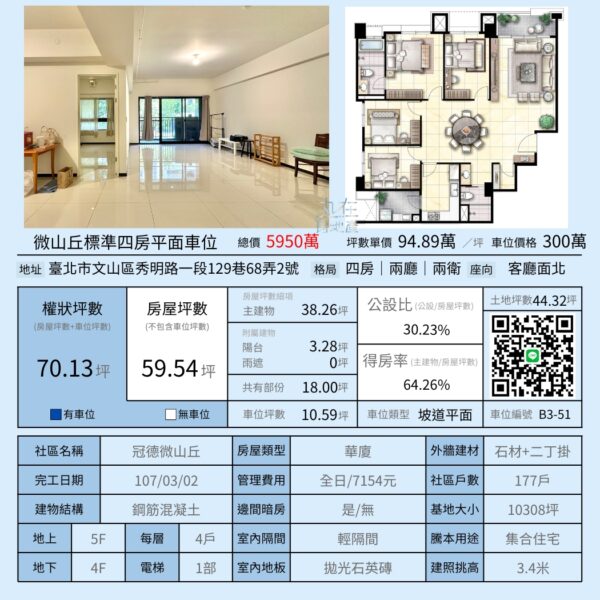 文山電梯推薦物件－微山丘A區標準四房平面車位